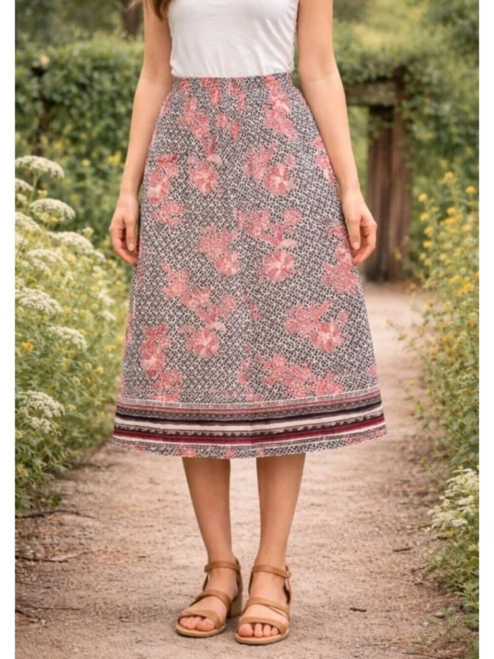 Womens Boho Midi Skirt Casual Work Church Floral Lightweight Lined Stretch XL